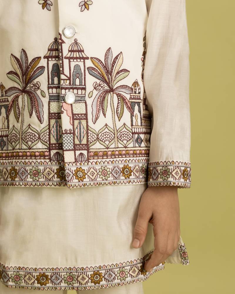 White viscose silk nehru jacket set with sequins embroidered work