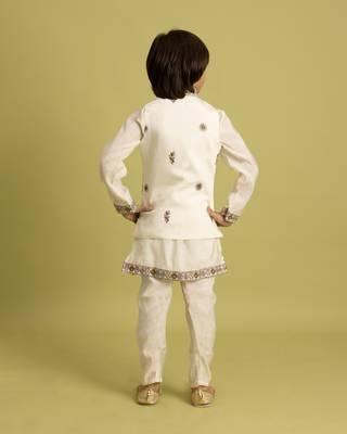 white viscose silk embroidered boys kurta set with jacket & pant 4