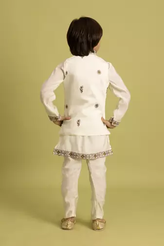 white viscose silk embroidered boys kurta set with jacket & pant