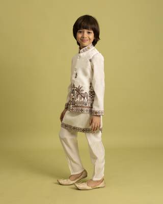 white viscose silk embroidered boys kurta set with jacket & pant 5