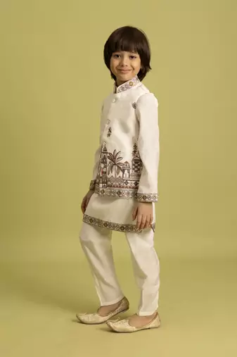 white viscose silk embroidered boys kurta set with jacket & pant