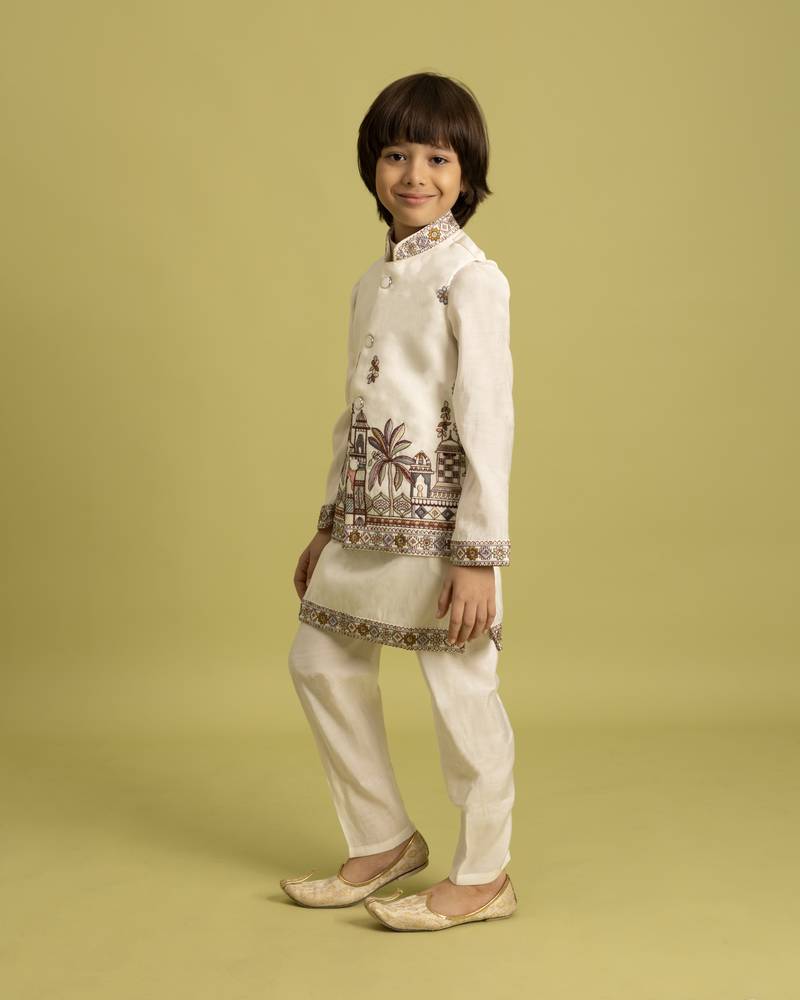 White viscose silk nehru jacket set with sequins embroidered work