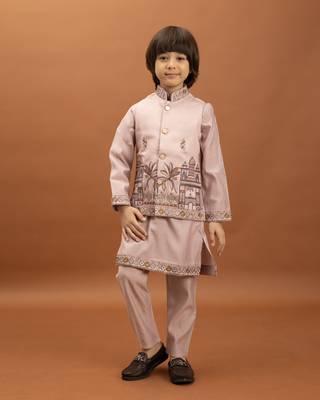 pink viscose silk embroidered boys kurta set with jacket & pant 1