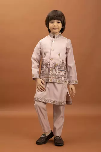 Pink  viscose silk nehru jacket set with sequins embroidered work