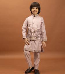 pink viscose silk embroidered boys kurta set with jacket & pant
