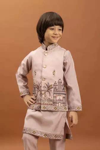 pink viscose silk embroidered boys kurta set with jacket & pant