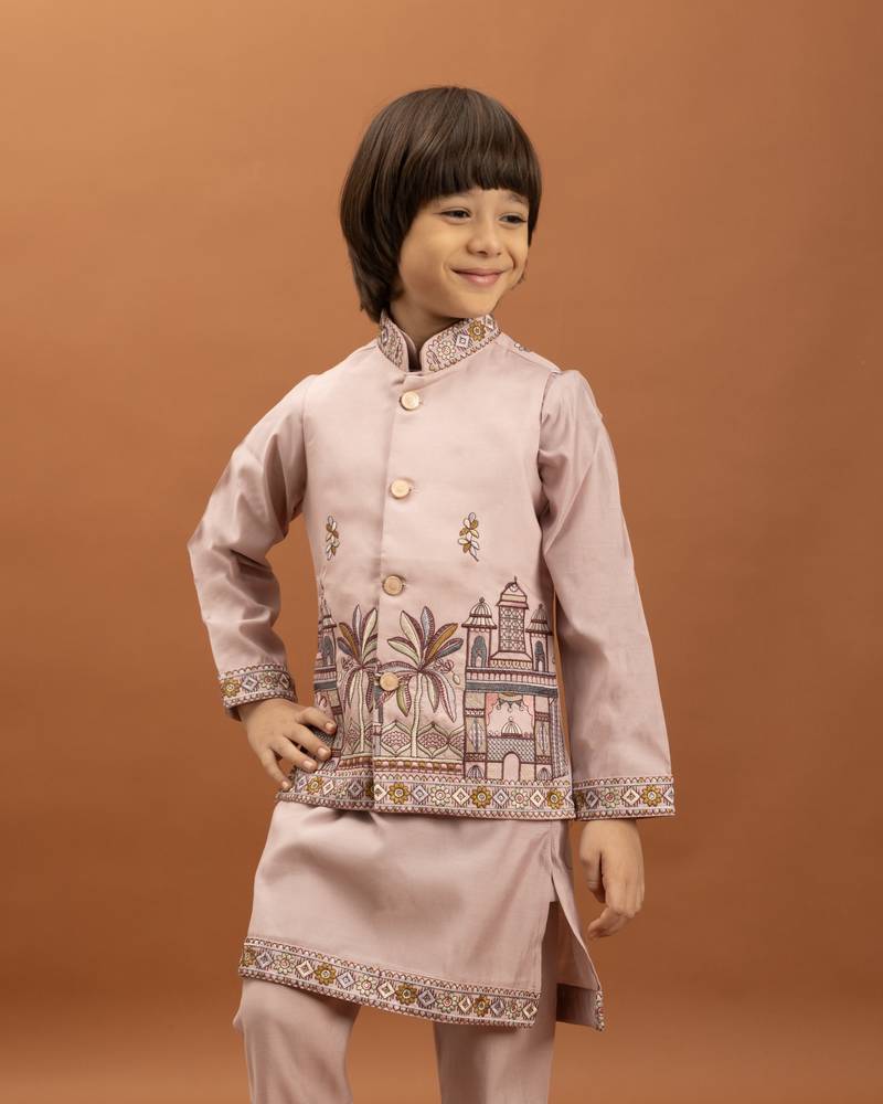 pink viscose silk embroidered boys kurta set with jacket & pant