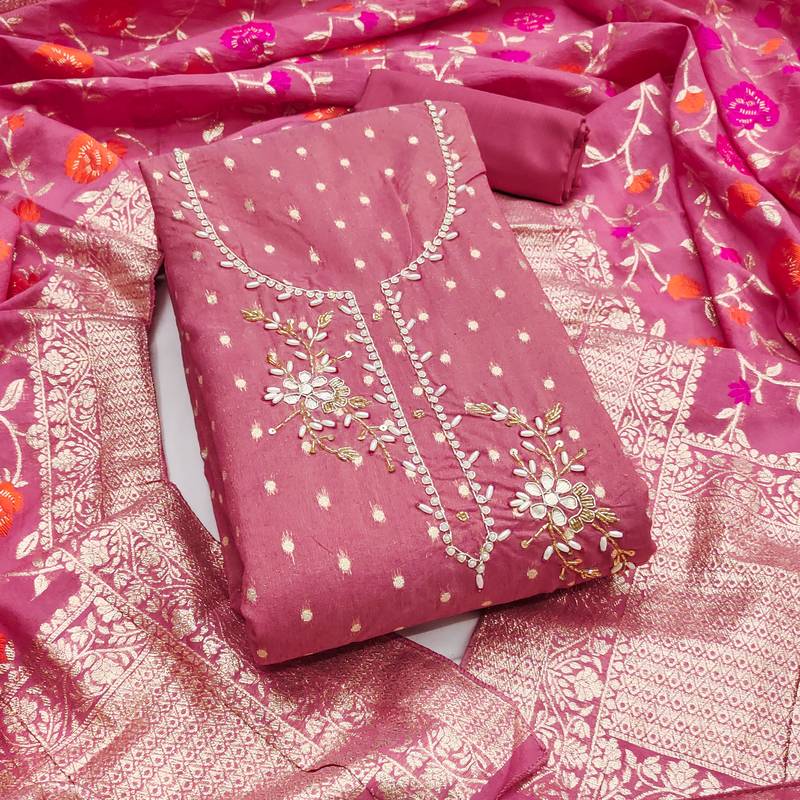  pink weaving handwork simmer dress material 