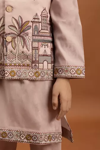 pink viscose silk embroidered boys kurta set with jacket & pant