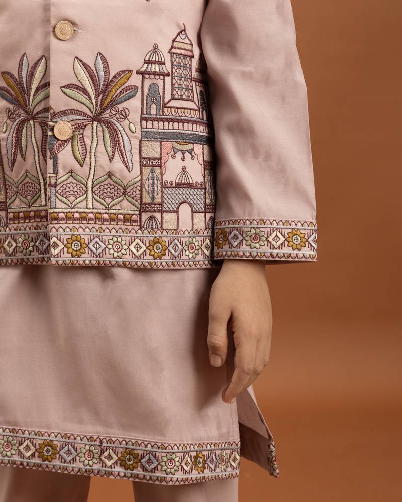 pink viscose silk embroidered boys kurta set with jacket & pant
