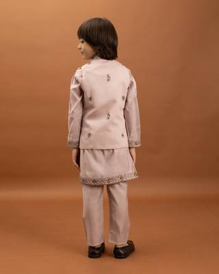 pink viscose silk embroidered boys kurta set with jacket & pant 4