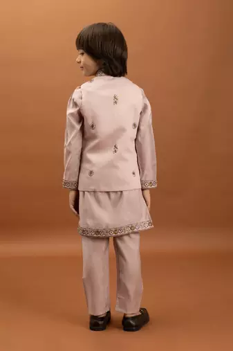 pink viscose silk embroidered boys kurta set with jacket & pant