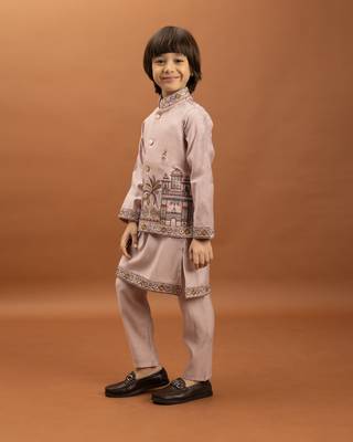 pink viscose silk embroidered boys kurta set with jacket & pant 5