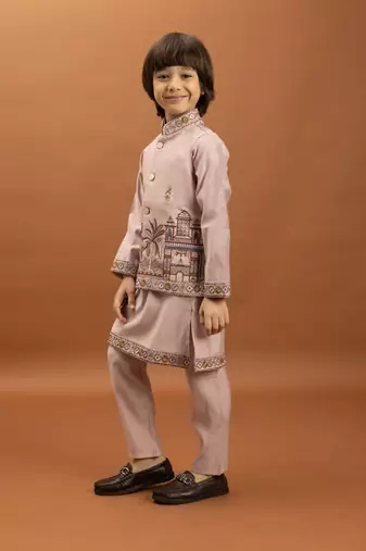 pink viscose silk embroidered boys kurta set with jacket & pant