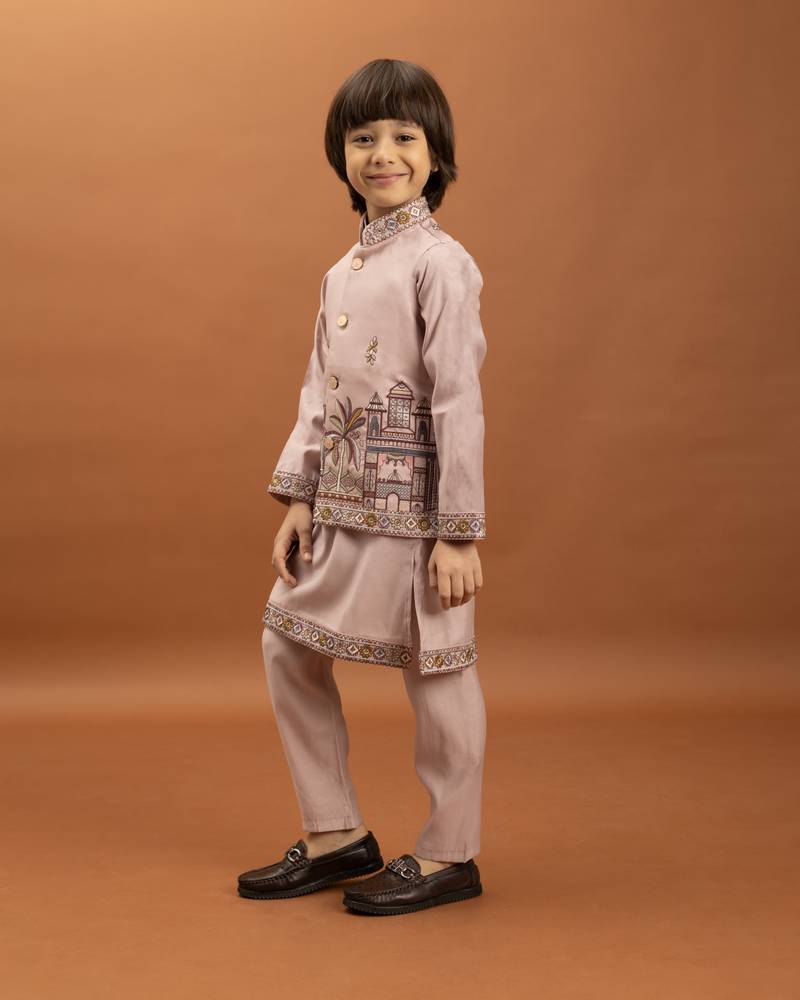 pink viscose silk embroidered boys kurta set with jacket & pant