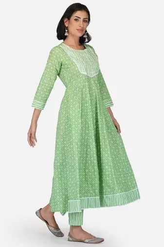 green cotton printed straight salwar kameez set for women