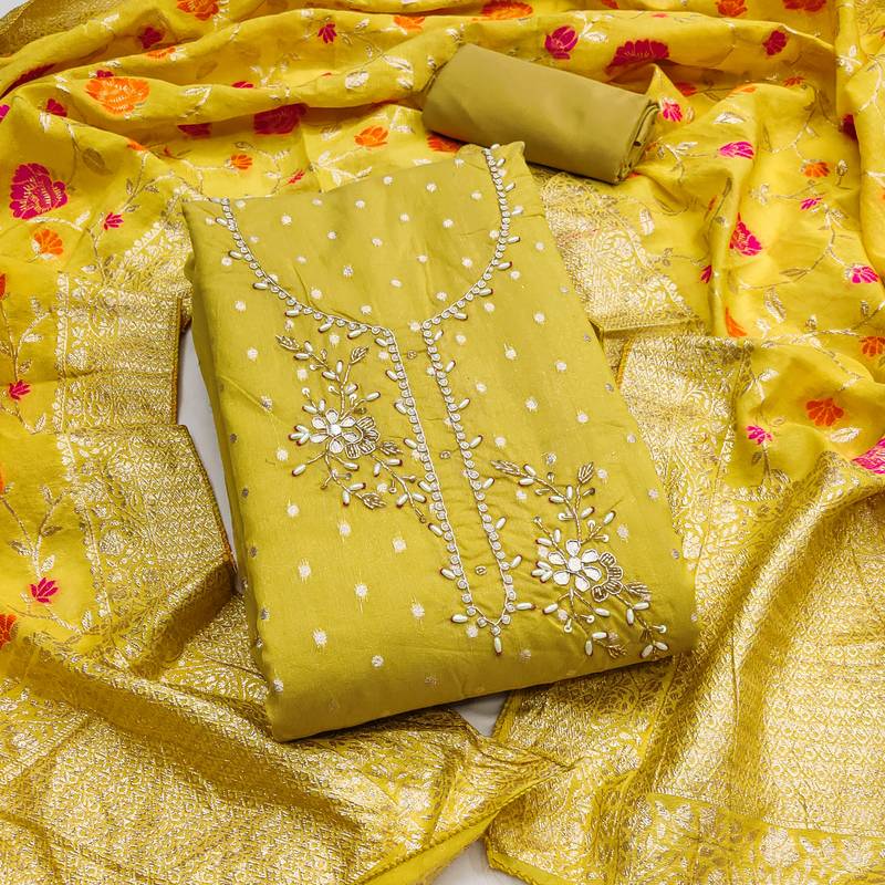  yellow weaving handwork simmer dress material 