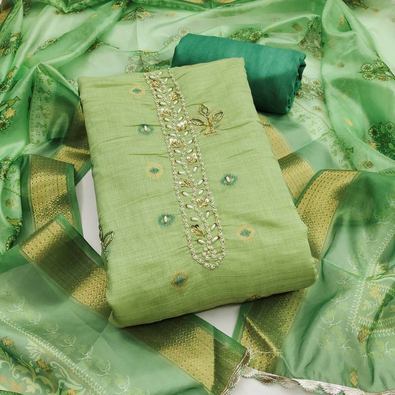 light green weaving handwork banarasi dress material