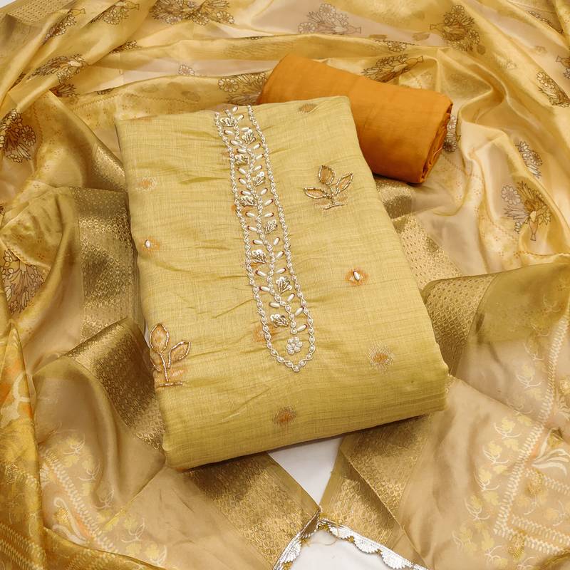 beige weaving handwork banarasi dress material