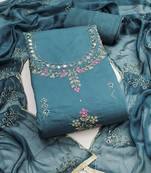 steel blue handwork embroidered cotton silk dress material