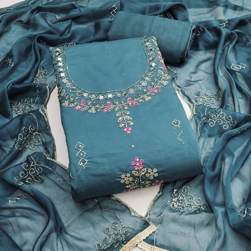 steel blue handwork embroidered cotton silk dress material