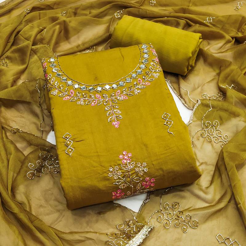 light green handwork embroidered cotton silk dress material