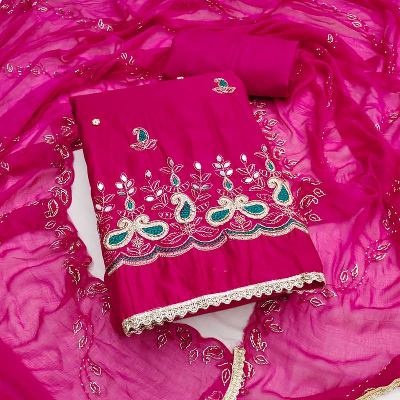 pink embroidered cotton silk unstitched dress material