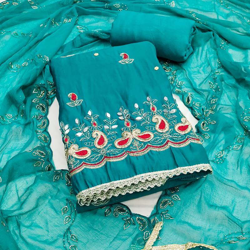 sky blue embroidered cotton silk unstitched dress material