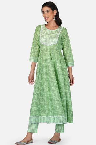 Green cotton printed straight salwar kameez for women