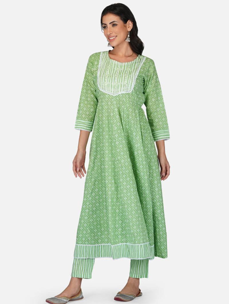 green cotton printed straight salwar kameez set for women