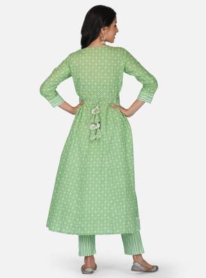 green cotton printed straight salwar kameez set for women 3
