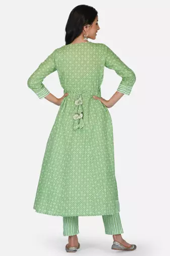 green cotton printed straight salwar kameez set for women