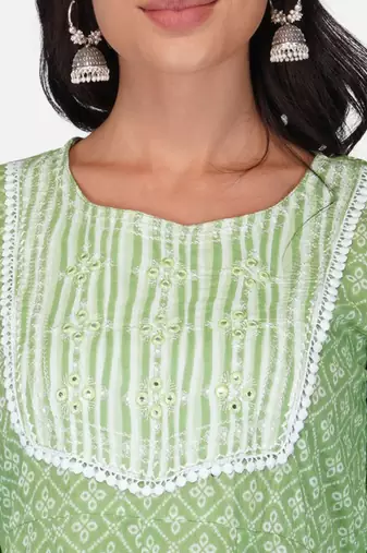 green cotton printed straight salwar kameez set for women