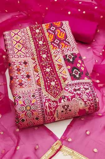 pink embroiderey handwork viscose banarasi unstitched dress material