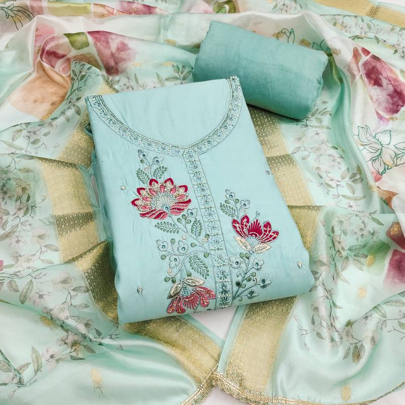 mint green embroidered cotton silk unstitched dress material