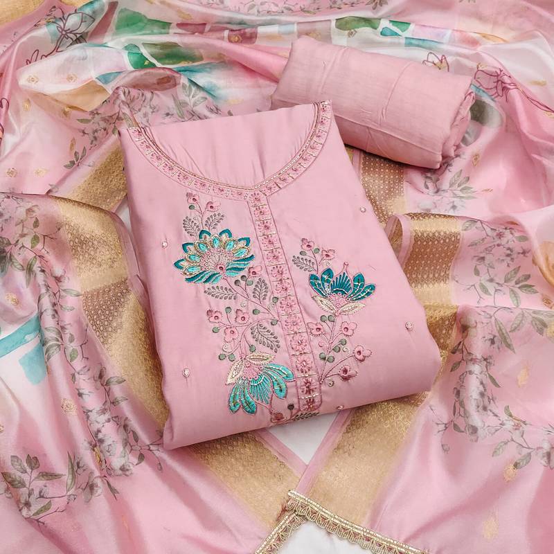 baby pink embroidered cotton silk unstitched dress material