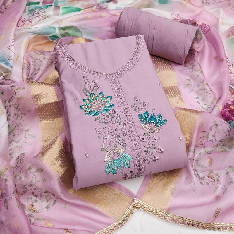 lavender unstitched embroidery cotton silk dress material