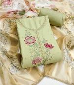 green unstitched embroidery cotton silk dress material