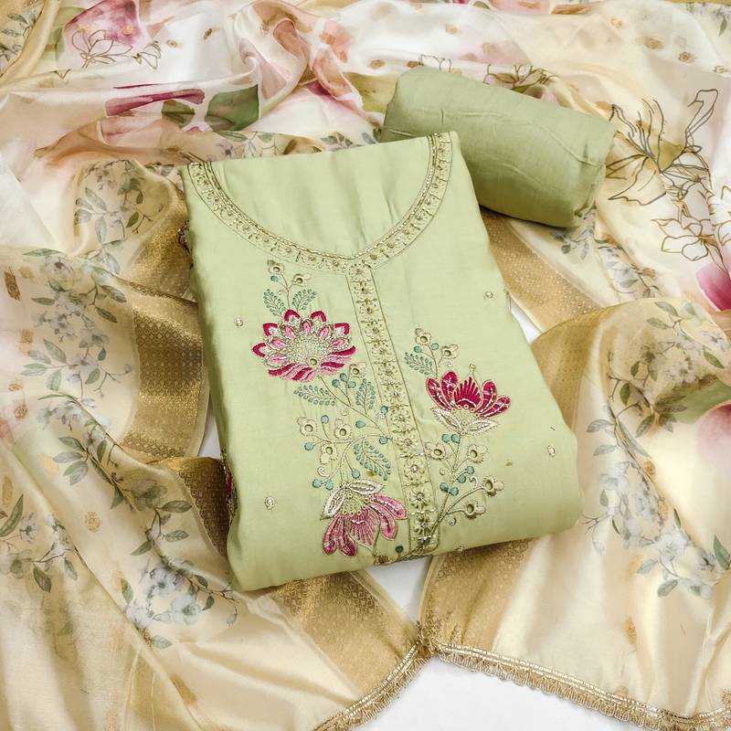 green unstitched embroidery cotton silk dress material