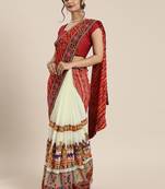 red arrivals festival bandhani pallu embroidred beige and red color saree