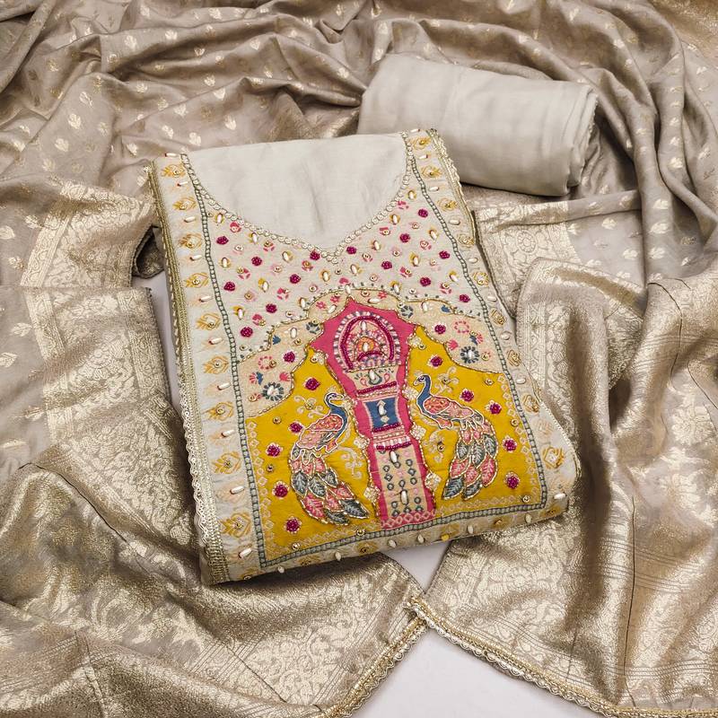  grey handwork simmer cotton silk dress material 