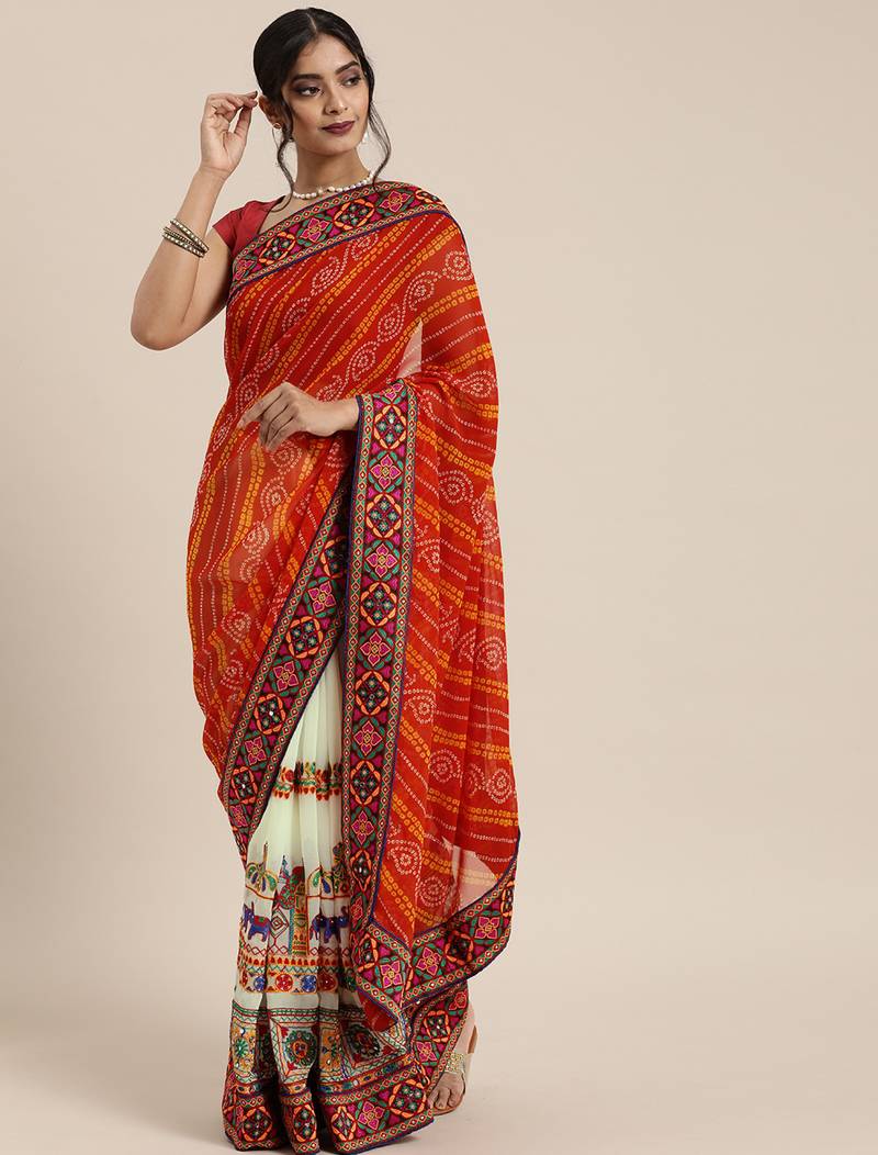orange arrivals festival bandhani pallu embroidred beige and orange color saree