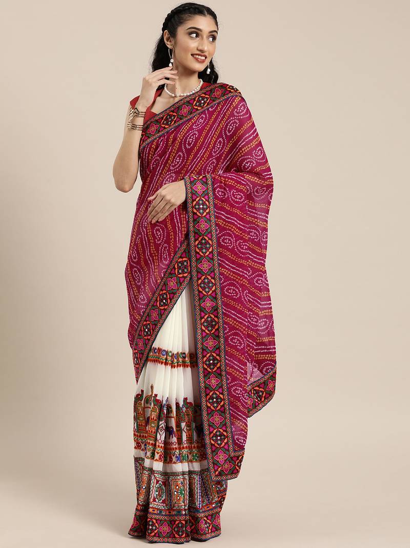 pink arrivals festival bandhani pallu embroidred beige and pink color saree