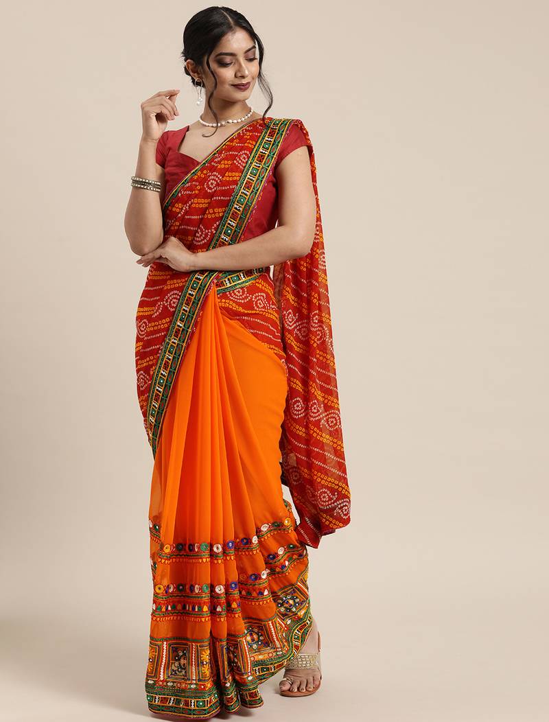 red half and half bandhani pallu red  and orange color saree