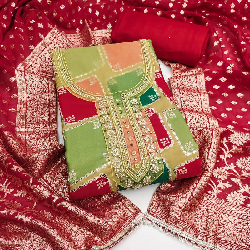 red cotton silk unstitched handwork dress material