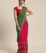 green half and half bandhani pallu green and pink color saree