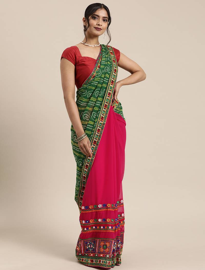 green half and half bandhani pallu green and pink color saree