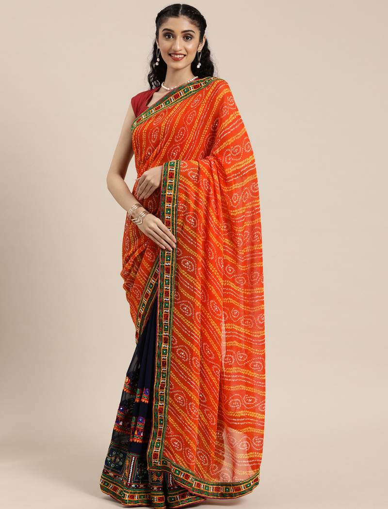 orange half and half bandhani pallu orange  and navy blue color saree