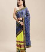 blue half and half bandhani pallu blue and yellow color saree