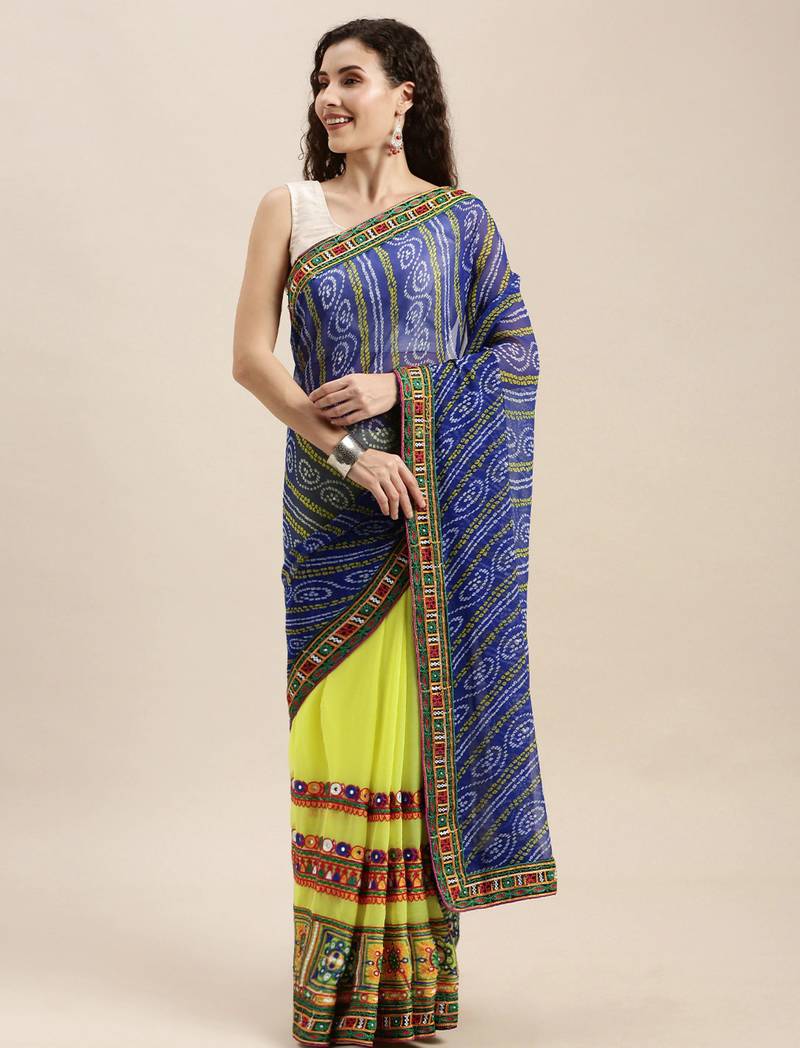 blue half and half bandhani pallu blue and yellow color saree